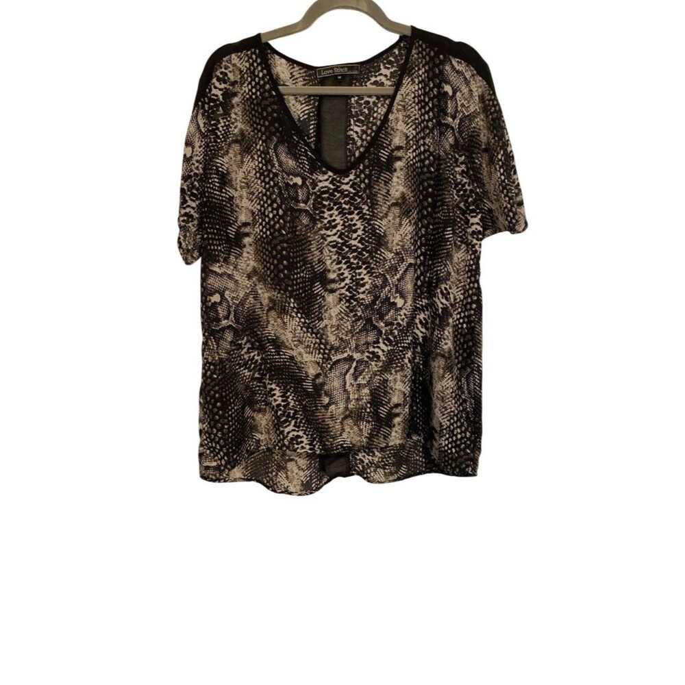 Love Stitch Top Women's M Black Gray Snake Print Sheer Back Panel Oversized
